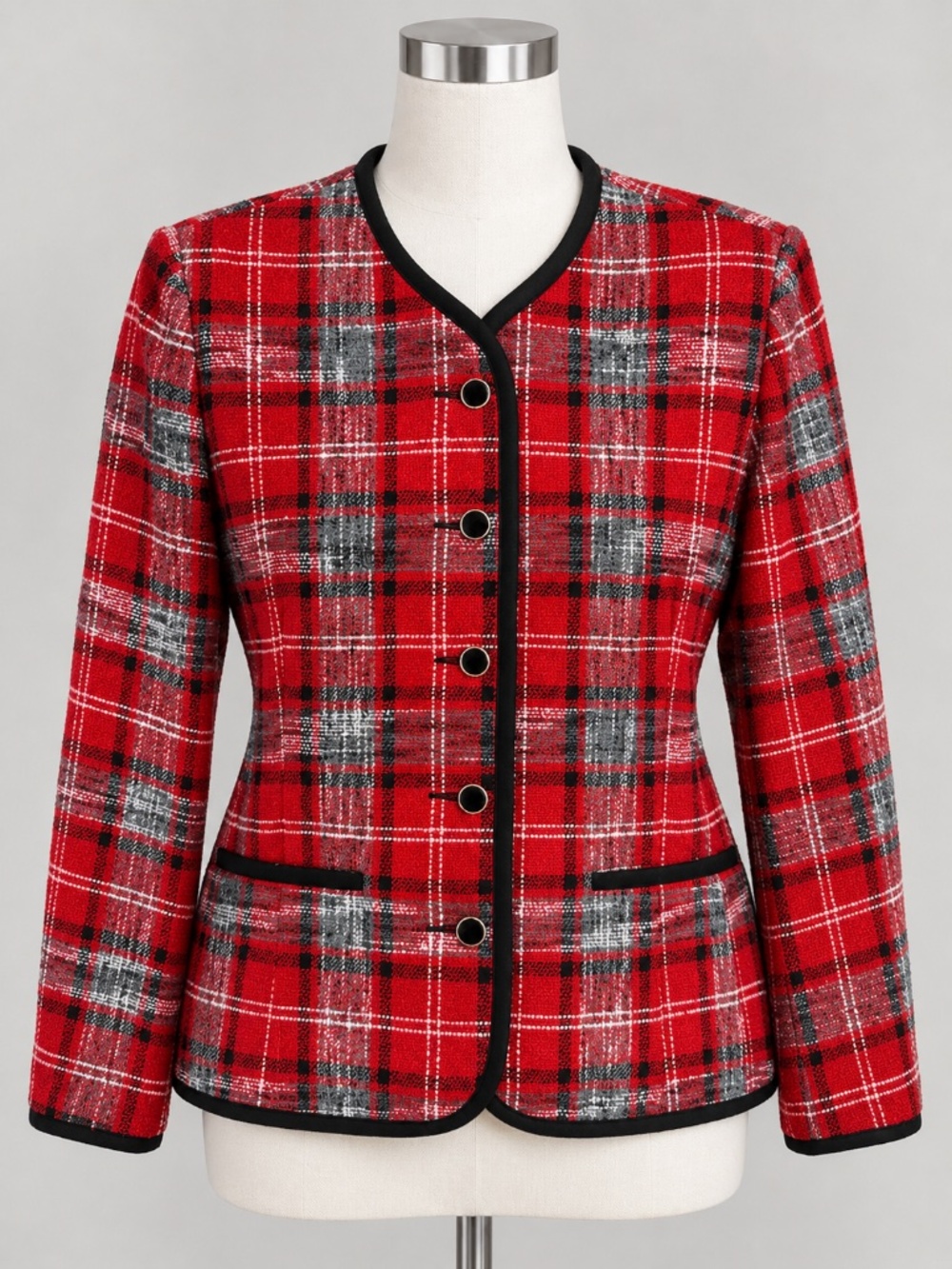 Vintage KORET Red Plaid Button Front Wool Blend Tweed Jacket Blazer Size 12